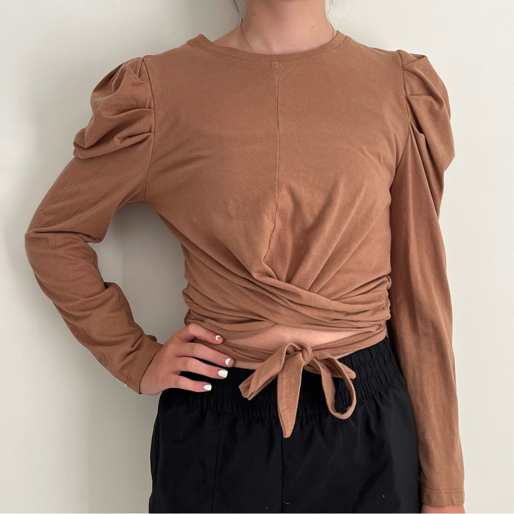 Women's Brown Puff Sleeve Tie-Front Top
